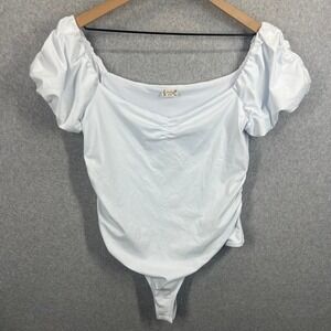 Free People Intimately Bodysuit Women L White Puff Sleeve‎ Off Shoulder Ruched